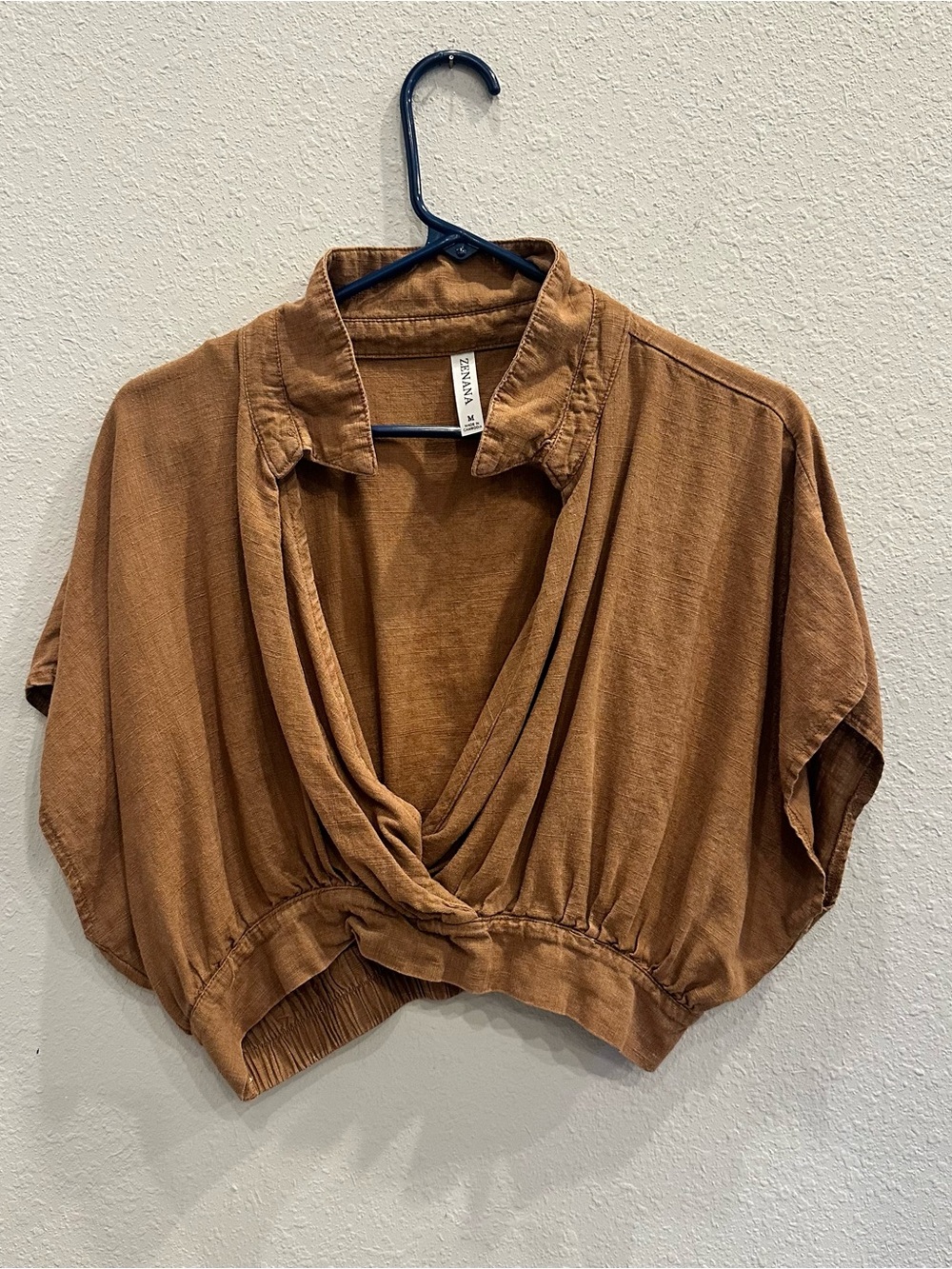 Zenana Brown Draped Surplice Crop Top Medium Boho Dolman Sleeve